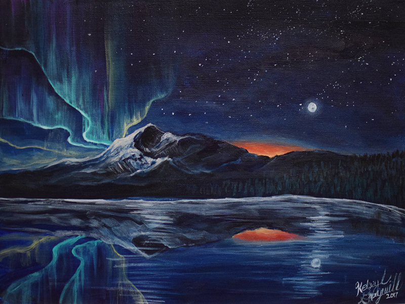 Painting of a nature scene with water and mountains, northern lights in then night sky.